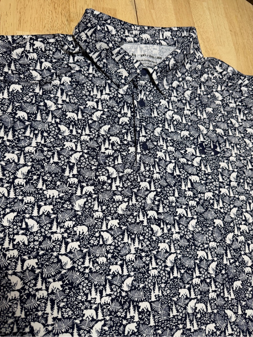 Under Armour Playoff Polo Shirt Navy White Bear Print Golf Performance Mens 2XL